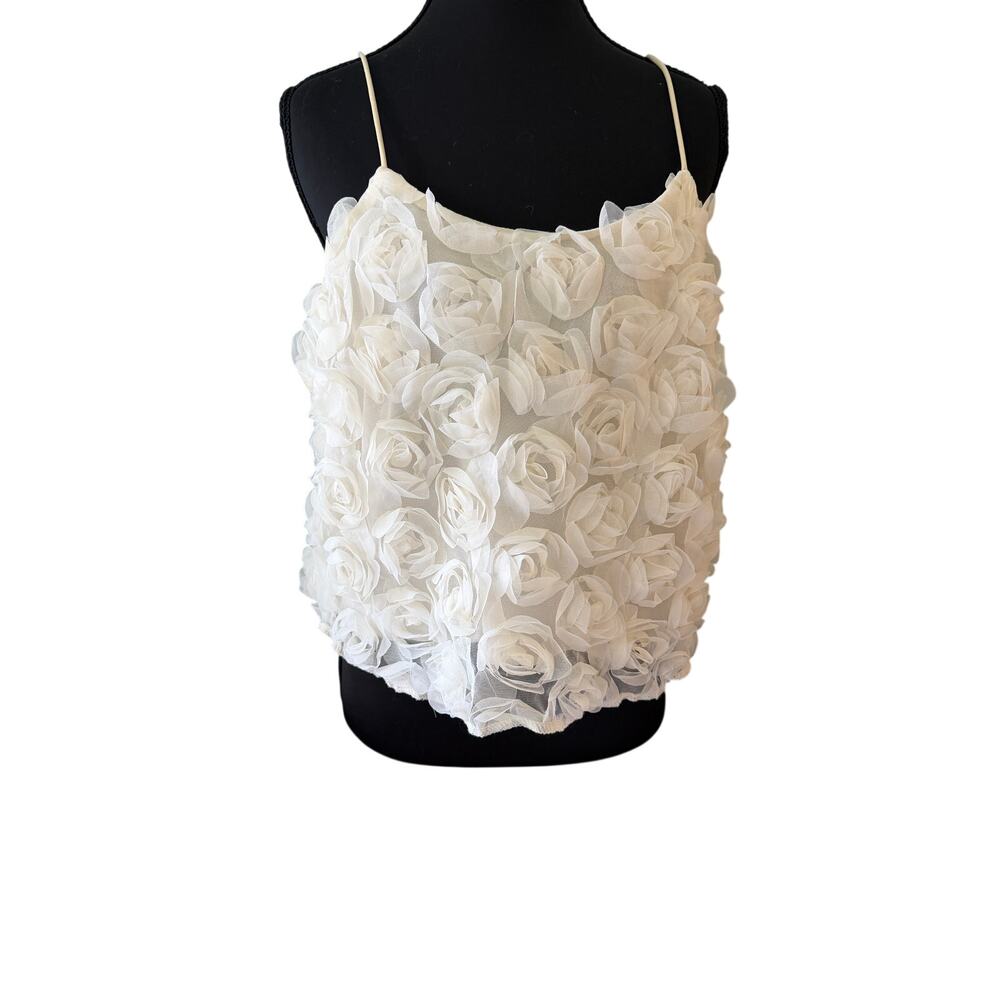 Ivory Cream 3D Rose Floral Cami Tank Top Cropped Spaghetti Strap Romantic Y2K